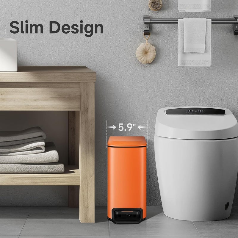 TIPGO Small Bathroom Trash Can with Lid Soft Close, 6 Liter / 1.6 Gallon Stainless Steel Garbage Can with Removable Inner Bucket, Step Pedal, Slim Trash Cans for Bedroom, Office, Kitchen (Orange) - Image 2
